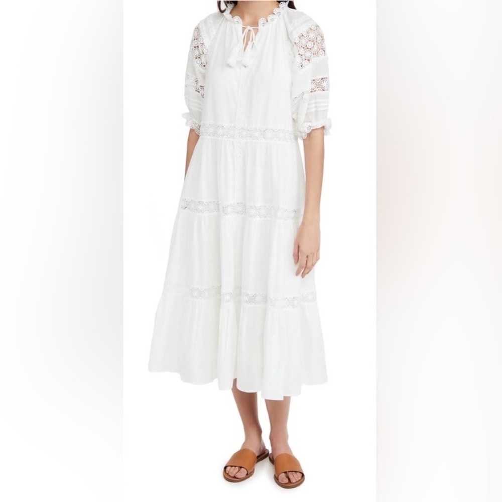 NWT En Saison Tiered Lace Detail Midi Dress White Size Medium 100% Cotton - Picture 3 of 10